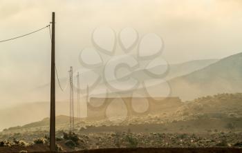 Tunisian countryside in the morning fog. Tataouine, Southern Tunisia, Africa