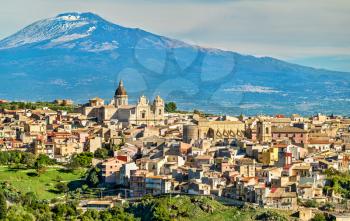 View of Militello in Val di Catania with Mount Etna in the background - Sicily, Southern Italy