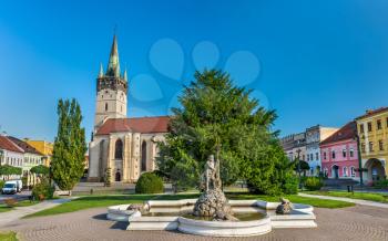 Neptune Fountain and Cathedral of Saint Nicholas in Presov. Slovakia, Central Europe