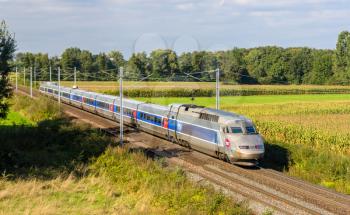 STRASBOURG, FRANCE - SEPTEMBER 22: SNCF TGV train on a way from Strasbourg to Paris on September 22, 2013 in Strasbourg, France. The second phase of high-speed railway between Strasbourg and Paris LGV Est will be opened in 2016
