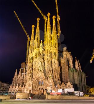 Night view of Sagrada Familia church in Barcelona