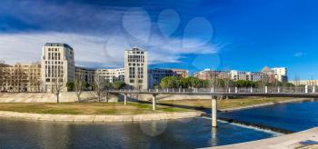 Modern buildings in Montpellier by river Lez - France