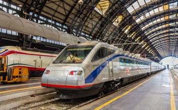 Milan, Italy - May 8, 2014: Pendolino high-speed tilting train at Milano Centrale railway station. This train is owned by SBB CFF FFS - Swiss Federal Railways