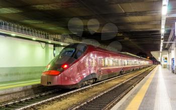 Milan, Italy - May 8, 2014: High-speed Alstom AGV train at Milano Porta Garibaldi railway station. Italian transport company NTV is the only commercial operator of the AGV