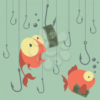 Cartoon vector concept. Fishing. Finances. Business risks. Banks. Credits and deposits.Vector illustration