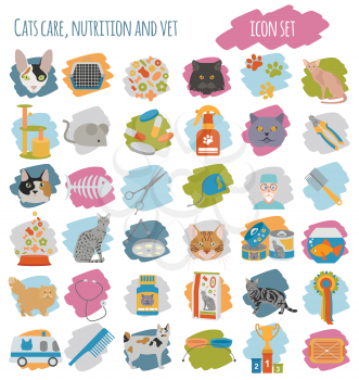 Cat characters and vet care icon set flat style. Vector illustration