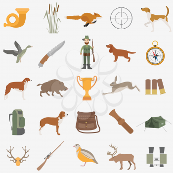 Hunting icon set. Dog hunting, equipment. Flat style. Vector illustration