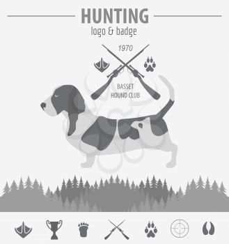 Hunting logo and badge template. Dog hunting, equipment.  Flat design. Vector illustration