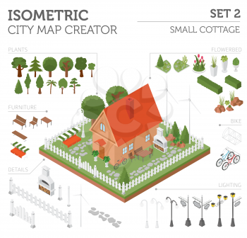 Flat 3d isometric house and city map constructor elements such as building, bbq, garden, nature isolated on white. Build your own infographics collection. Vector illustration
