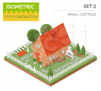 Flat 3d isometric house and city map constructor elements such as building, bbq, garden, nature isolated on white. Build your own infographics collection. Vector illustration