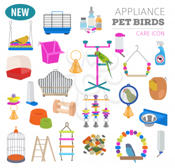 Pet appliance icon set flat style isolated on white. Birds care collection. Create own infographic about parrot, parakeet, canary, thrush, finch, jay bird, starling, amadina, siskin,  toucan, bunting.