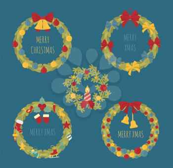Christmas wreath, decoration elements set for  holiday greeting card, poster design. Vector illustration