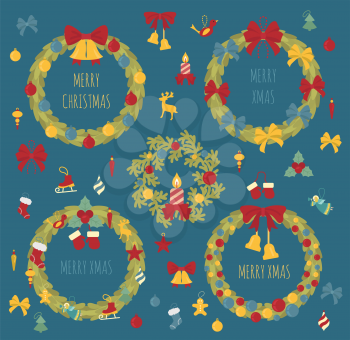 Christmas wreath, decoration elements set for  holiday greeting card, poster design. Vector illustration