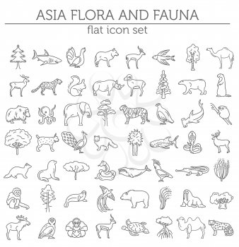 Flat Asian flora and fauna  elements. Animals, birds and sea life simple line icon set. Vector illustration