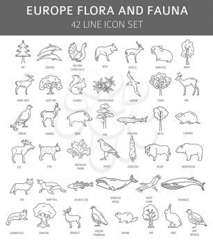 Flat European flora and fauna  elements. Animals, birds and sea life simple line icon set. Vector illustration