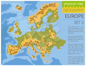Flat Europe physical map constructor elements on the water surface. Build your own geography infographics collection. Vector illustration