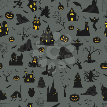 Halloween holiday seamless pattern. Flat design. Vector illustration