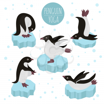 Penguin yoga poses and exercises. Cute cartoon clipart set. Vector illustration