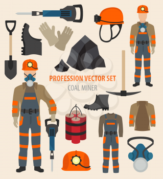 Profession and occupation set. Coal mining equipment, miner tools flat design icon.Vector illustration 