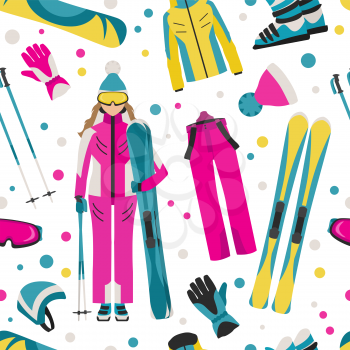Sporting gear set. Ski equipment and skier woman seamless pattern. Vector illustration 