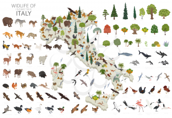 Isometric 3d design of Italy wildlife. Animals, birds and plants constructor elements isolated on white set. Build your own geography infographics collection. Vector illustration