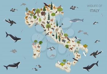Isometric 3d design of Italy wildlife. Animals, birds and plants constructor elements isolated on white set. Build your own geography infographics collection. Vector illustration