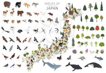 Isometric 3d design of Japan wildlife. Animals, birds and plants constructor elements isolated on white set. Build your own geography infographics collection. Vector illustration