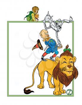 Royalty Free Clipart Image of a Lion, Scarecrow, Tinman, and a Girl