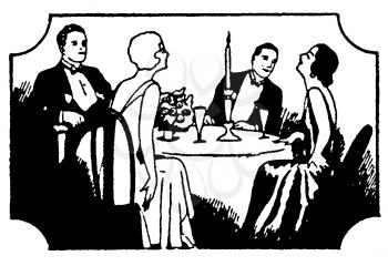 Royalty Free Clipart Image of Couples Sitting for Dinner at a Wedding Celebration
