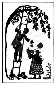 Royalty Free Silhouette Clipart Image of a Husband Picking Apples for His Wife
