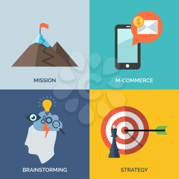 Set of flat design concept icons for business. Mission, M-commerce, Brainstorming and Strategy. Vector Illustration.