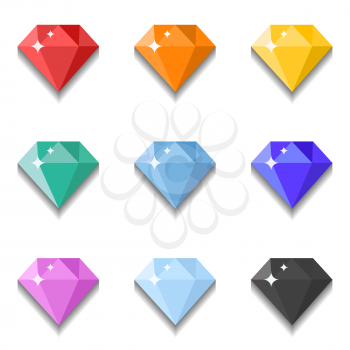 Diamonds icons set in different colors on the white background. Vector illustration