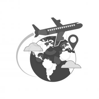 Airplane flying over globe icon, travel with destination concept. Symbol in trendy flat style isolated on white background. Illustration element for your web site design, logo, app, UI.