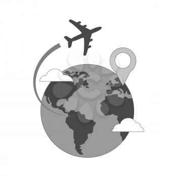Airplane flying over globe icon, travel with destination concept. Symbol in trendy flat style isolated on white background. Illustration element for your web site design, logo, app, UI.