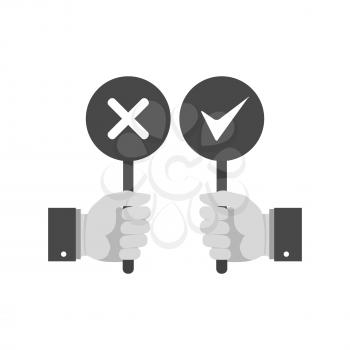 Hands holding right and wrong signs icon. Symbol in trendy flat style isolated on white background. Illustration element for your web site design, logo, app, UI.