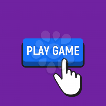 Hand Mouse Cursor Clicks the Play Game Button. Pointer Push Press Button Concept.