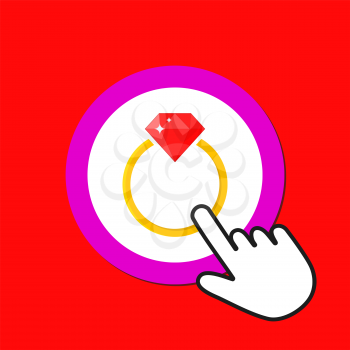 Golden ring with ruby icon. Expensive gift concept. Hand Mouse Cursor Clicks the Button. Pointer Push Press