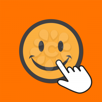Smile face icon. Happiness concept. Hand Mouse Cursor Clicks the Button. Pointer Push Press
