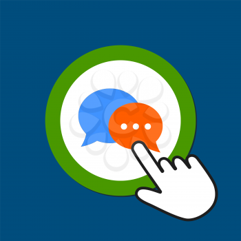 Dialog bubble icon. Chat, communication concept. Hand Mouse Cursor Clicks the Button. Pointer Push Press