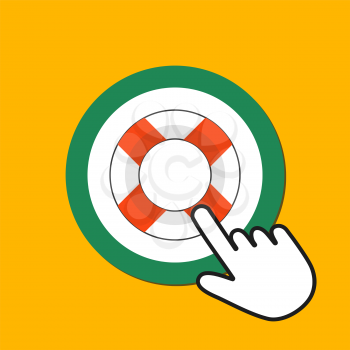 Lifebuoy icon. Emmergency help concept. Hand Mouse Cursor Clicks the Button. Pointer Push Press