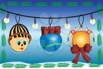 Set of christmas toys on a dark blue background with fur-tree branches and a garland
