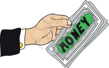 Illustration cartoon hand with a few banknotes with the inscription Money