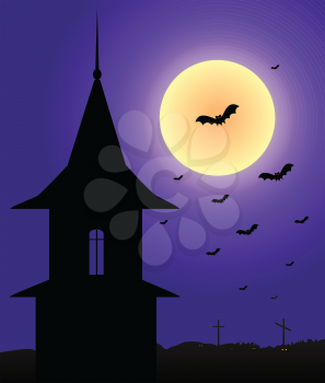 Illustration of the tower on a moonlit night on Halloween graveyard background with bats