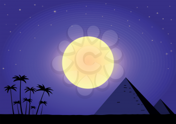 Illustration of summer night with pyramids and palm trees and great moon