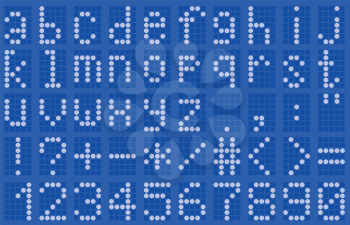 Illustration of lowercase alphabet digital LCD indicator on a blue background
