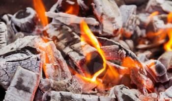 The flames and coals of a campfire closeup
