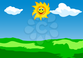 Illustration of green meadow and sky with clouds and funny sun