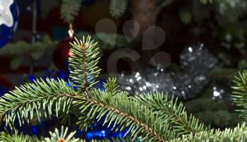 Spruce branch with ball and tinsel close up