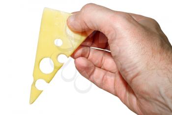 Hand with a piece of cheese isolated on white background