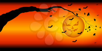 Silhouette of a tree branch on the background of the ominous sky of Halloween with the moon and bats